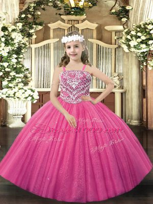 Custom Design Hot Pink Tulle Lace Up Girls Pageant Dresses Sleeveless Floor Length Beading