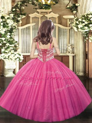 Custom Design Hot Pink Tulle Lace Up Girls Pageant Dresses Sleeveless Floor Length Beading