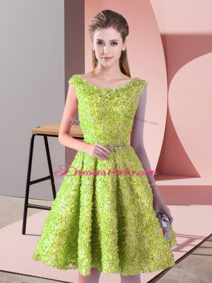 Yellow Green Sleeveless Belt Knee Length Prom Evening Gown