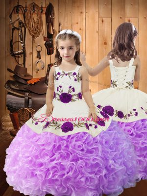 Great Straps Sleeveless Fabric With Rolling Flowers Little Girls Pageant Dress Wholesale Embroidery and Ruffles Lace Up