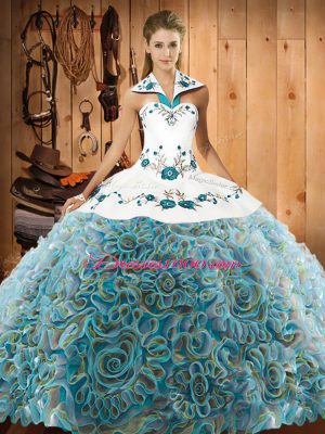Fashionable Multi-color Ball Gowns Embroidery 15th Birthday Dress Lace Up Fabric With Rolling Flowers Sleeveless