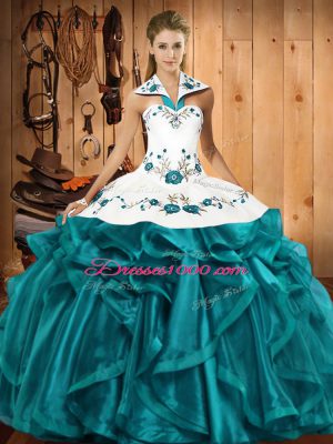 Admirable Floor Length Ball Gowns Sleeveless Teal Quinceanera Gowns Lace Up