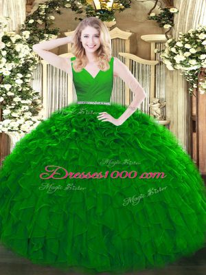Green Zipper Quinceanera Gown Beading and Ruffles Sleeveless Floor Length