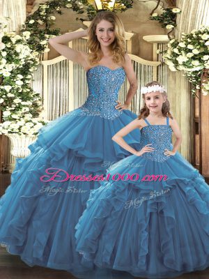 Teal Sleeveless Beading and Ruffles Floor Length Quinceanera Dress