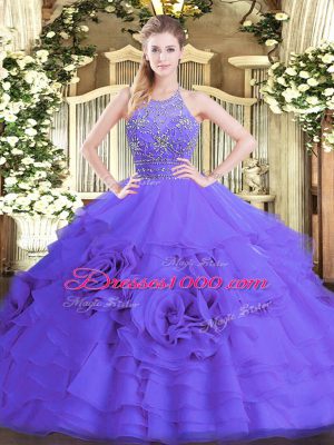 Purple Ball Gowns Tulle Halter Top Sleeveless Beading and Ruffled Layers Floor Length Zipper Sweet 16 Quinceanera Dress