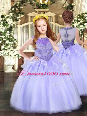 Lavender Ball Gowns Scoop Sleeveless Tulle Floor Length Lace Up Beading Sweet 16 Dresses