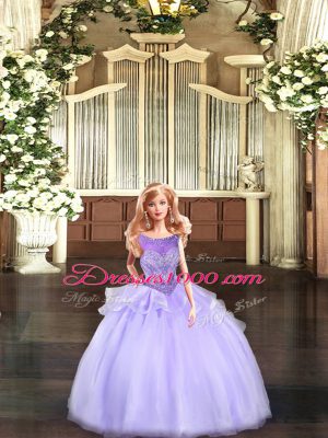 Lavender Ball Gowns Scoop Sleeveless Tulle Floor Length Lace Up Beading Sweet 16 Dresses