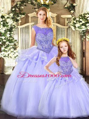 Lavender Ball Gowns Scoop Sleeveless Tulle Floor Length Lace Up Beading Sweet 16 Dresses
