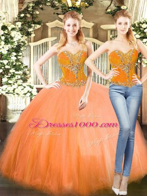 Orange Red Sleeveless Floor Length Beading Lace Up Sweet 16 Dress
