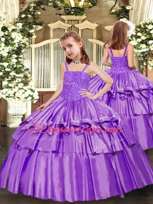 Sweetheart Sleeveless Quinceanera Gowns Floor Length Beading and Ruffled Layers Eggplant Purple Organza