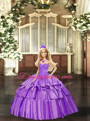 Sweetheart Sleeveless Quinceanera Gowns Floor Length Beading and Ruffled Layers Eggplant Purple Organza