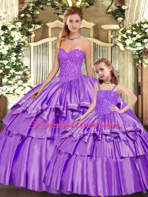 Sweetheart Sleeveless Quinceanera Gowns Floor Length Beading and Ruffled Layers Eggplant Purple Organza