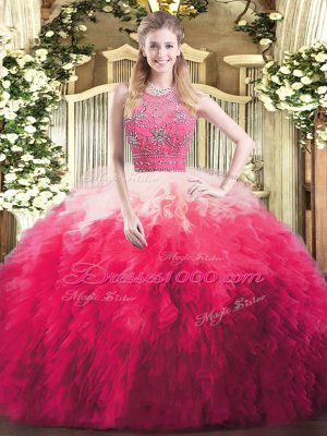 Beautiful Sleeveless Tulle Floor Length Zipper 15 Quinceanera Dress in Multi-color with Beading and Ruffles