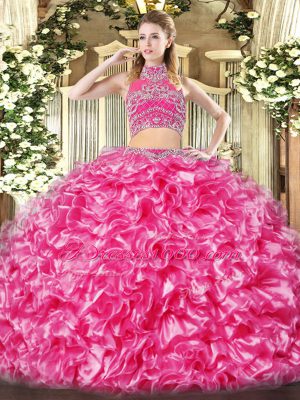 Hot Pink Sleeveless Tulle Backless Sweet 16 Dress for Military Ball and Sweet 16 and Quinceanera