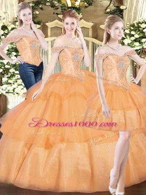 Orange Red Organza Lace Up Off The Shoulder Sleeveless Floor Length Sweet 16 Quinceanera Dress Beading and Ruffled Layers