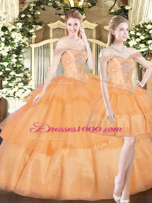 Orange Red Organza Lace Up Off The Shoulder Sleeveless Floor Length Sweet 16 Quinceanera Dress Beading and Ruffled Layers