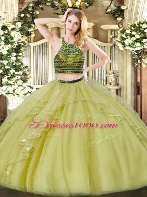 Customized Organza Halter Top Sleeveless Zipper Beading and Ruffles Vestidos de Quinceanera in Olive Green