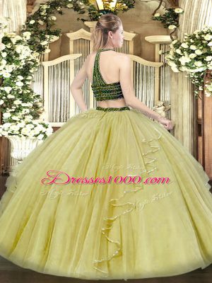 Customized Organza Halter Top Sleeveless Zipper Beading and Ruffles Vestidos de Quinceanera in Olive Green