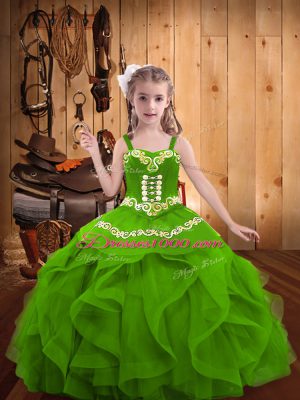 Green Ball Gowns Beading and Embroidery and Ruffles Little Girls Pageant Gowns Lace Up Organza Sleeveless Floor Length
