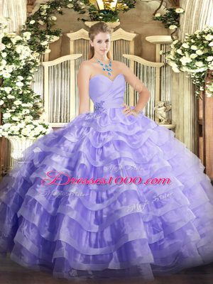 Inexpensive Lavender Quinceanera Dresses Military Ball and Sweet 16 and Quinceanera with Beading and Ruffled Layers Sweetheart Sleeveless Lace Up