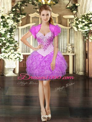 Beading and Ruffles Prom Dresses Lilac Lace Up Sleeveless Mini Length