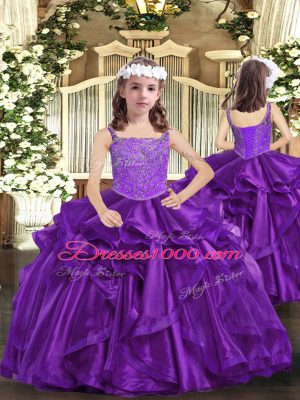 Sleeveless Floor Length Beading Lace Up Little Girl Pageant Dress with Eggplant Purple and Purple
