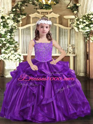 Sleeveless Floor Length Beading Lace Up Little Girl Pageant Dress with Eggplant Purple and Purple