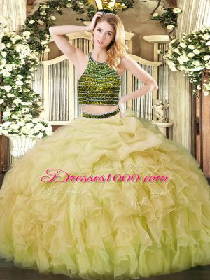 Custom Designed Organza Sleeveless Floor Length 15th Birthday Dress and Beading and Ruffles