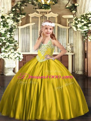 Beautiful Floor Length Gold Child Pageant Dress V-neck Sleeveless Lace Up