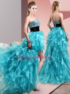 High Low A-line Sleeveless Aqua Blue Prom Dresses Lace Up