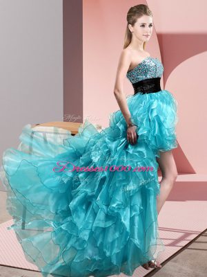 High Low A-line Sleeveless Aqua Blue Prom Dresses Lace Up