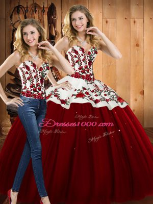Affordable Floor Length Lace Up Quinceanera Gowns Wine Red for Military Ball and Sweet 16 and Quinceanera with Embroidery