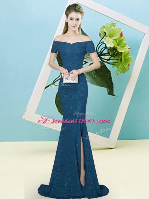 Super Long Sleeves Sequined Sweep Train Zipper Prom Party Dress in Blue with Sequins