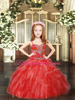 Latest Red Ball Gowns Spaghetti Straps Sleeveless Tulle Floor Length Lace Up Beading and Ruffles Girls Pageant Dresses