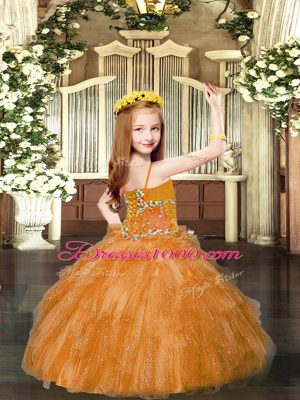 Latest Red Ball Gowns Spaghetti Straps Sleeveless Tulle Floor Length Lace Up Beading and Ruffles Girls Pageant Dresses