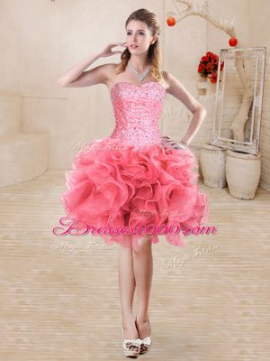 High End Watermelon Red Evening Dress Prom and Party with Beading and Ruffles Sweetheart Sleeveless Lace Up