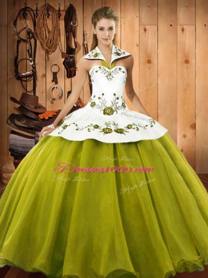 Sophisticated Satin and Tulle Halter Top Sleeveless Lace Up Embroidery Quinceanera Gown in Olive Green