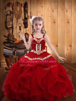Wine Red Sleeveless Embroidery and Ruffles Floor Length Little Girls Pageant Gowns