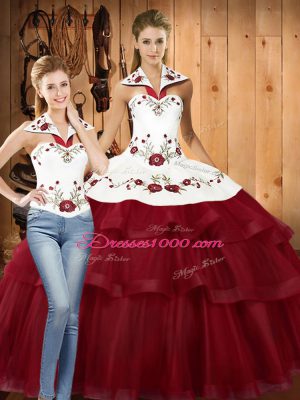 Dramatic Sleeveless With Train Embroidery and Ruffled Layers Lace Up Quinceanera Gown with Wine Red Sweep Train
