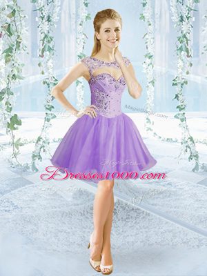 Lavender A-line Organza Scoop Sleeveless Beading Mini Length Lace Up Dress for Prom