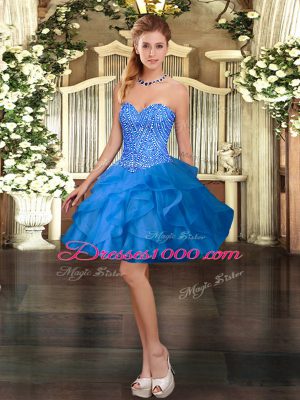 Most Popular Blue Lace Up Dress for Prom Beading and Ruffles Sleeveless Mini Length