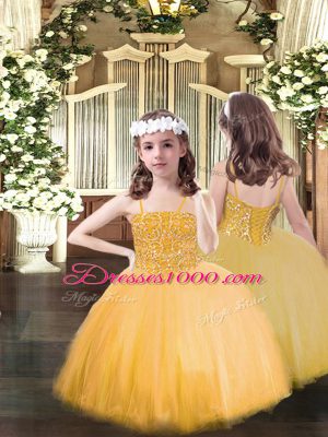 Gold Tulle Lace Up Sweetheart Sleeveless Floor Length Sweet 16 Quinceanera Dress Beading