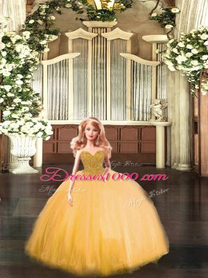 Gold Tulle Lace Up Sweetheart Sleeveless Floor Length Sweet 16 Quinceanera Dress Beading