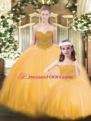 Gold Tulle Lace Up Sweetheart Sleeveless Floor Length Sweet 16 Quinceanera Dress Beading