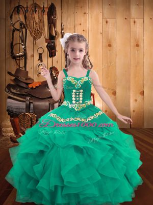 Turquoise Ball Gowns Embroidery and Ruffles Little Girls Pageant Dress Wholesale Lace Up Organza Sleeveless Floor Length