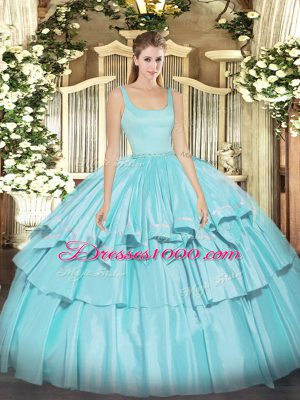 Aqua Blue Organza and Taffeta Zipper Sweet 16 Dress Sleeveless Floor Length Beading and Ruffled Layers