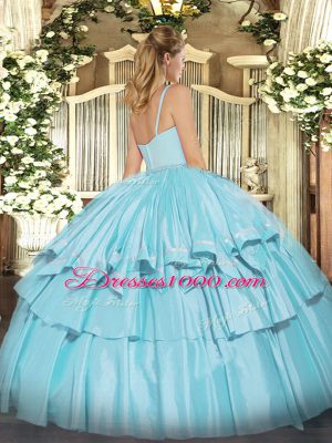Aqua Blue Organza and Taffeta Zipper Sweet 16 Dress Sleeveless Floor Length Beading and Ruffled Layers