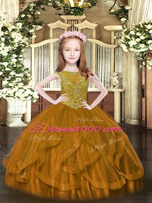 Perfect Floor Length Zipper Girls Pageant Dresses Brown for Party and Quinceanera with Beading and Ruffles