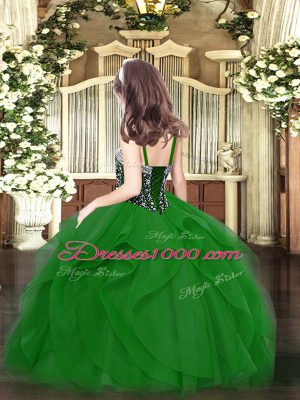 Fantastic Olive Green Ball Gowns Beading and Ruffles Pageant Dress for Teens Lace Up Tulle Sleeveless Floor Length