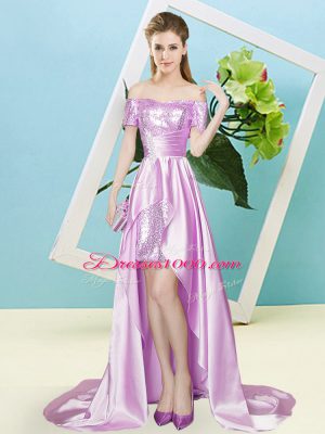 Custom Design High Low Lilac Dress for Prom Elastic Woven Satin and Sequined Short Sleeves Sequins